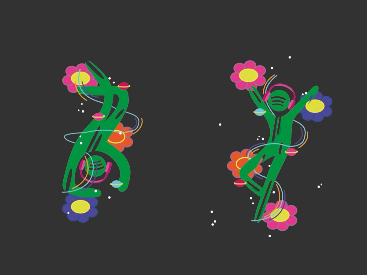 Grüne Vektorfigur mit Kopfhörern aus einer Illustrator-Schulung zum Thema Spotify, einmal kopfüber, einmal aufrecht mit erhobenen Armen, zwischen Blumen und Planeten auf Dunkelgrau.